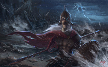 Картинка фэнтези нежить буря шторм гроза копьё