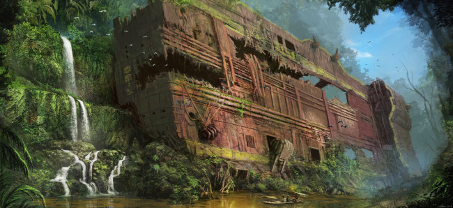 Обои картинки фото фэнтези, иные миры,  иные времена, лодка, водопад, река