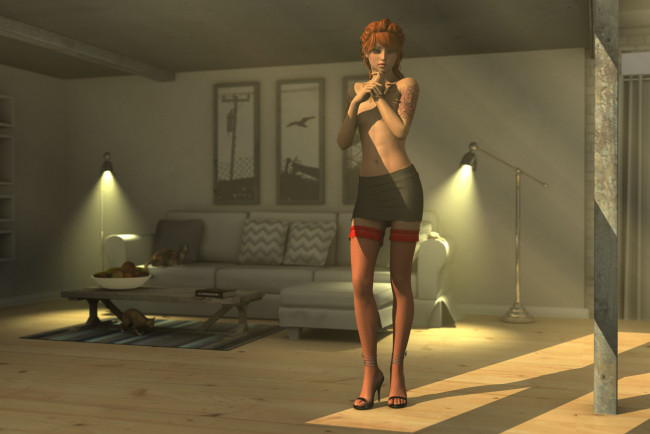 Обои картинки фото 3д графика, люди , people, комната, диван, взгляд, девушка