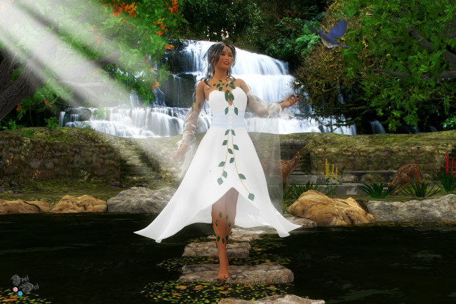 Обои картинки фото 3д графика, люди , people, улыбка, водопад, платье, взгляд, девушка