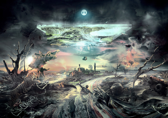 Обои картинки фото фэнтези, фотоарт, река, хаос, мир, иной, автомобиль, тигр, люди