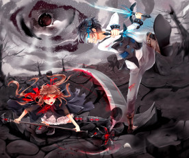 Картинка аниме оружие +техника +технологии меч кровь царапины раны деревья клыки облака коса парень девушка небо арт