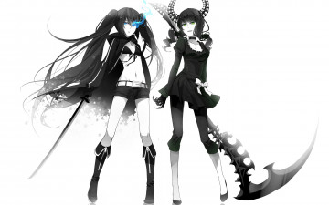 Картинка аниме оружие +техника +технологии катана black rock shooter rella девушки takanashi yomi стрелок с черной скалы рога kuroi mato улыбка арт