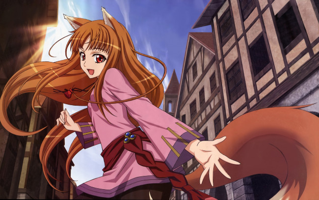 Обои картинки фото аниме, spice and wolf, horo, spice, and, wolf, город, девушка, арт