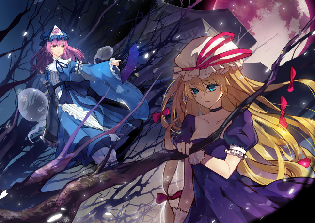 Обои картинки фото аниме, touhou, saigyouji, yuyuko, yakumo, yukari, ночь, ветки, дом, крыша, tsubasa19900920, арт, девушки