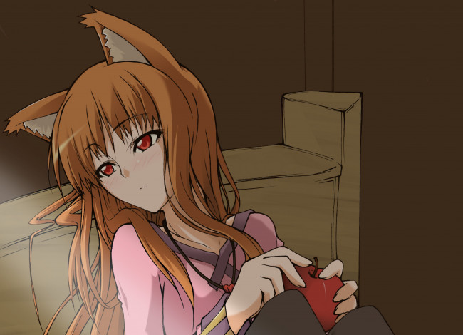 Обои картинки фото аниме, spice and wolf, девушка, арт, horo, spice, and, wolf, яблоко, ушки