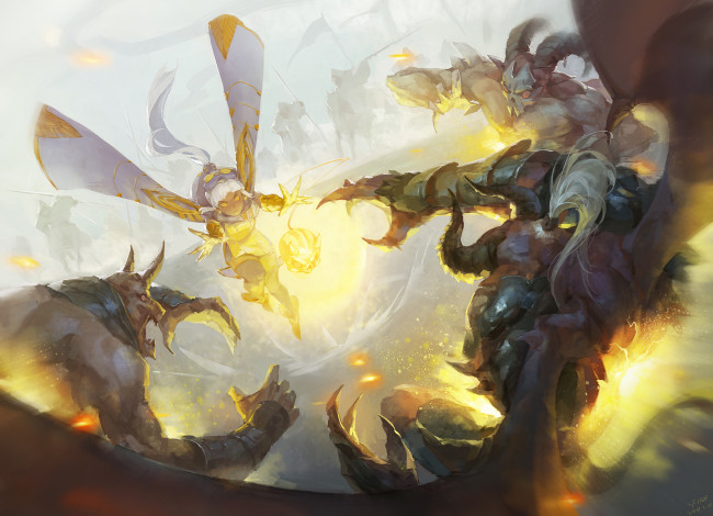 Обои картинки фото аниме, животные,  существа, бой, девушка, арт, монстры, свет, магия, anime