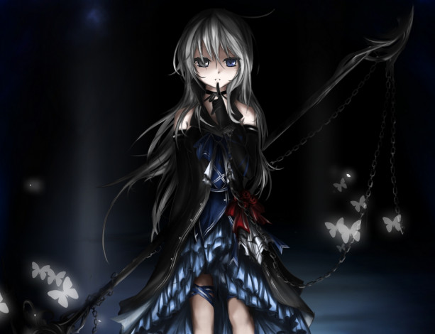 Обои картинки фото аниме, оружие,  техника,  технологии, арт, closedbox, девушка, коса, бабочки, цепи, гетерохромия