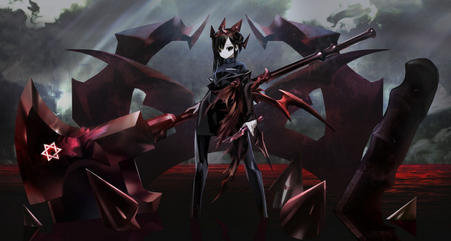 Обои картинки фото аниме, оружие,  техника,  технологии, арт, tokiya, девушка, коса, вода, знак