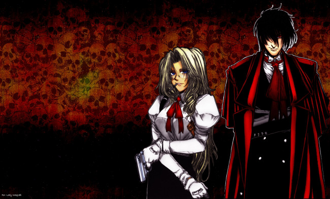 Обои картинки фото аниме, hellsing, alucard, вампир, черепа, дракула, оружие, пистолет, integra