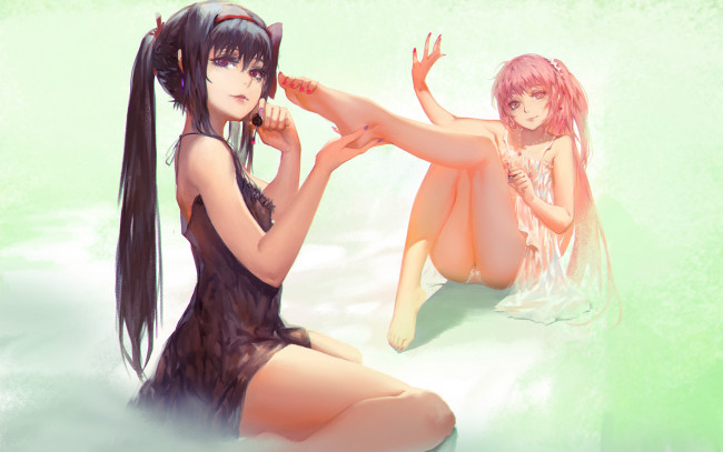 Обои картинки фото аниме, mahou shoujo madoka magika, девушки, лак, педикюр