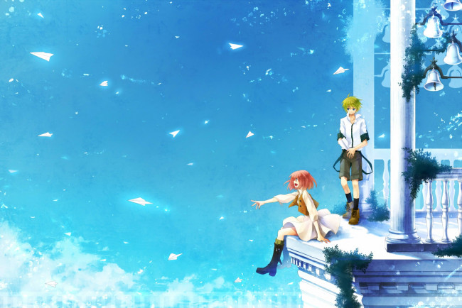 Обои картинки фото аниме, unknown,  другое, парень, фон, взгляд, девушка