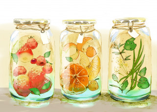 Картинка аниме животные +существа бирка банки клубника существа птички три апельсин крышки листья