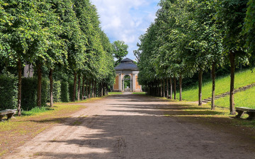 Картинка природа парк ворота скамейки аллея