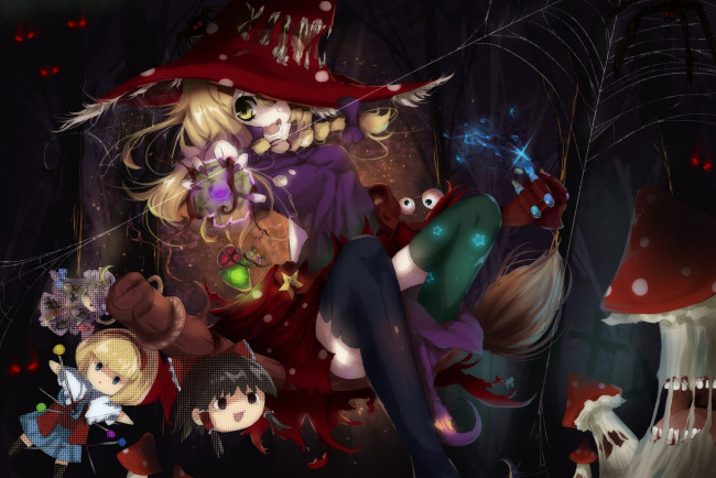 Обои картинки фото аниме, touhou, грибы, метла, шляпа, девушка