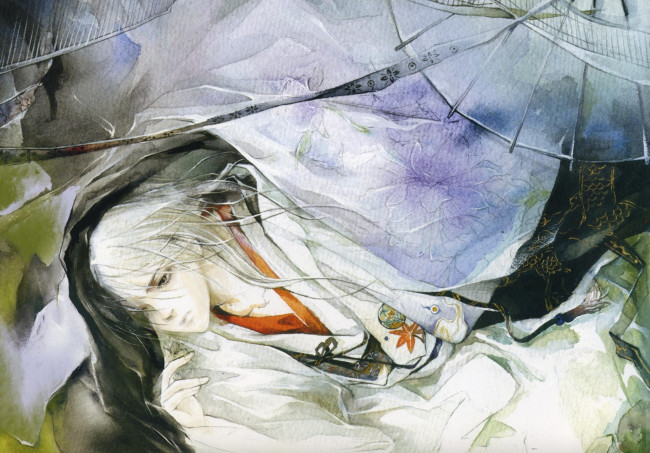 Обои картинки фото аниме, unknown,  другое, акварель, длинные, белые, волосы, зонт, японская, одежда, парень, art, русунок, eno