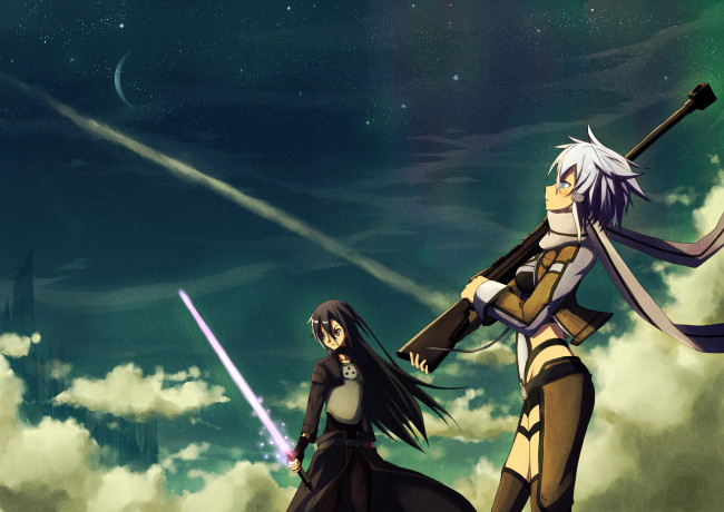 Обои картинки фото аниме, sword art online, синон, кирито