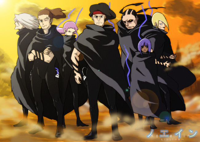 Обои картинки фото аниме, noein, туман, плащи, персонажи