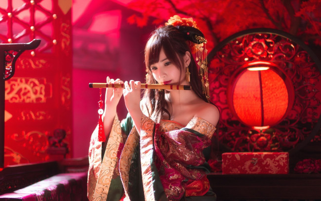 Обои картинки фото музыка, -другое, азиатка, дудка, девушка