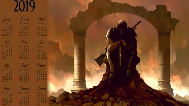 Обои картинки фото календари, фэнтези, calendar, колонна, арка, оружие, мужчина