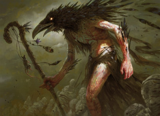 Картинка фэнтези существа существо фон ворон посох мышь