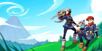Картинка аниме pokemon девочка мальчик существа гора