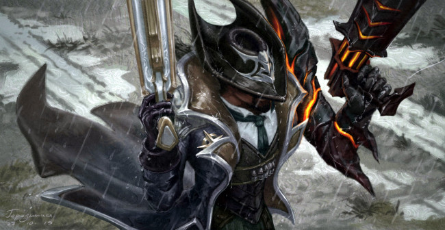 Обои картинки фото видео игры, league of legends, оружие, шляпа, плащ, дождь, lucian