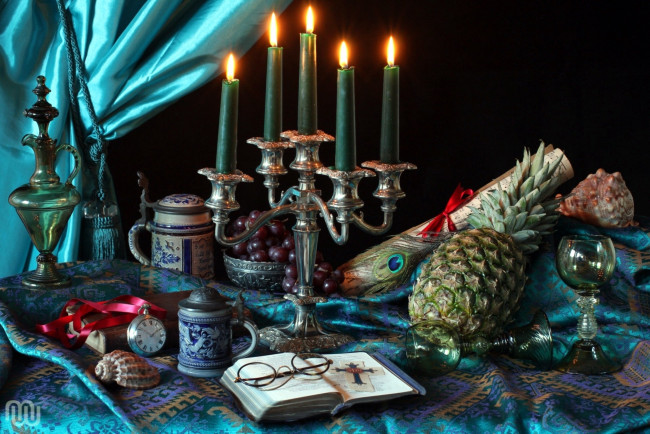 Обои картинки фото еда, натюрморт, свечи, ананас, виноград, книга, очки