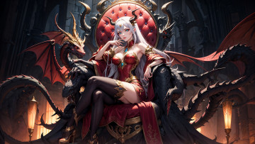 Картинка фэнтези красавицы+и+чудовища нейросети графика нейроарт ai art нейронные сети рисунки нейро искусство демонесса драконы трон величие красота