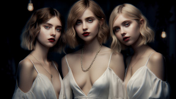 Картинка нейросеть рисованное живопись грудь взгляд девушка украшения поза темный фон девушки портрет макияж пеньюар арт прическа декольте трио плечи сестры каре цифровая красные губы три русые цифровое искусство диджитал сорочки