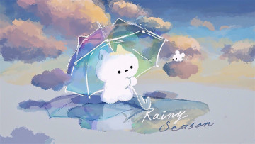 Картинка рисованное животные котенок мышка зонт