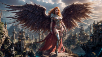Картинка фэнтези ангелы город девушка ангел нейросеть