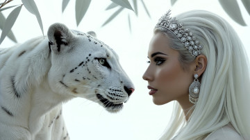 обоя 3д графика, люди и животные , people and animals, зверь, кошка, девушка, лицо, блондинка, диадема, серьги, листья