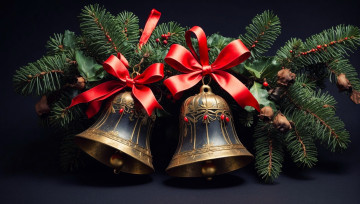 Картинка 3д+графика праздники+ holidays колокольчики банты ленты сосновые ветки