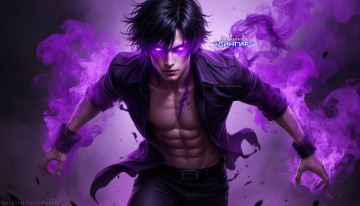 обоя раш 100% контроль,  по книге дингир, фэнтези, демоны, демонический, персонаж, фиолетовая, магия, дымчатая, аура, мускулистый, брюнет, цифровая, живопись, детализированная, графика, мистический, арт