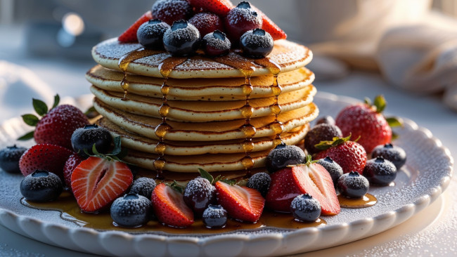 Обои картинки фото 3д графика, еда-, food, блины, ягоды, черника, клубника