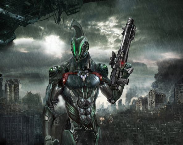 Обои картинки фото фэнтези, роботы,  киборги,  механизмы, дождь, руины, оружие, робот