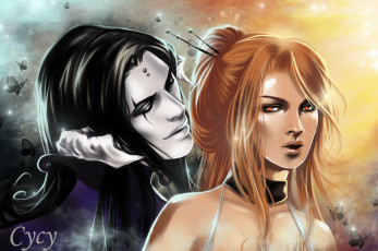 Картинка фэнтези демоны пара арт laufey рога парень демон рыжая девушка