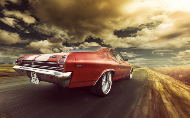 Обои картинки фото автомобили, chevrolet, 1969, ss, chevelle, speed, orange, rear