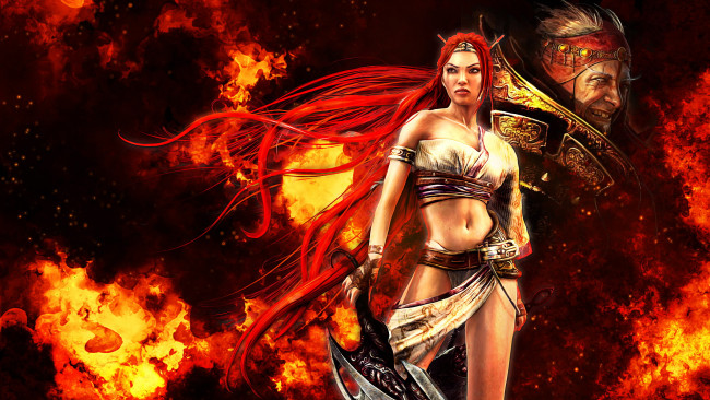 Обои картинки фото видео игры, heavenly sword, нарико, злодей, огонь, оружие, рыжая