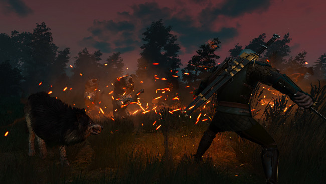 Обои картинки фото видео игры, the witcher 3,  wild hunt, ведьмак, бой, искры, волки, оборотни