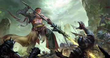 Картинка фэнтези маги +волшебники бой орки скалы маг посох