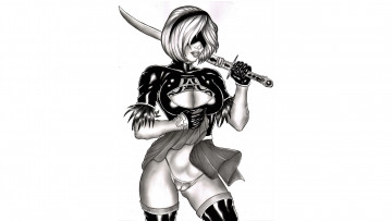 Картинка видео+игры nier +automata девушка фон маска меч