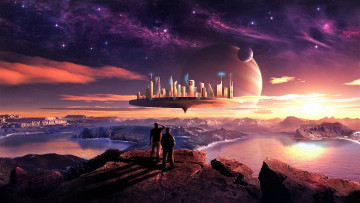 Картинка фэнтези иные+миры +иные+времена планеты остров город люди горы озера