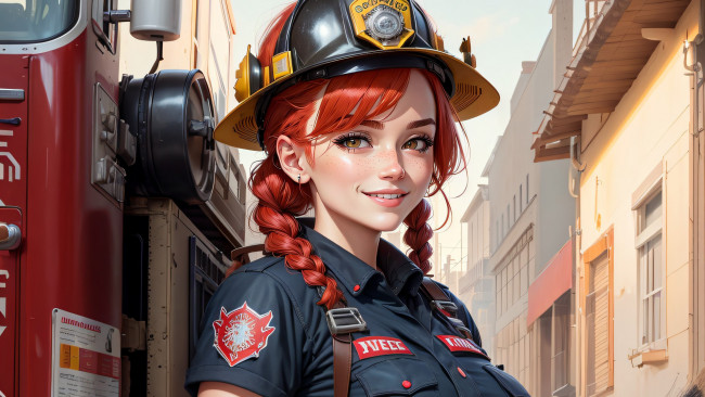 Обои картинки фото рисованное, люди, нейросети, графика, нейроарт, ai, art, нейронные, сети, рисунки, нейро, искусство, девушка, пожарная