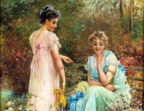 Картинка рисованное hans+zatzka девушки скамейка сад