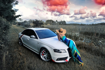 Картинка автомобили -авто+с+девушками белая шляпа платье поля облака