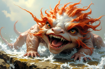 Картинка фэнтези существа монстр существо волны брызги камень