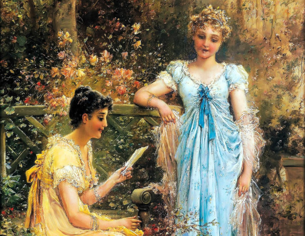 Обои картинки фото рисованное, hans zatzka, девушки, письмо, цветы