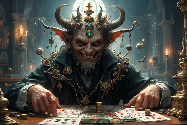 Обои картинки фото фэнтези, демоны, демон, украшения, рога, карты, деньги, стол